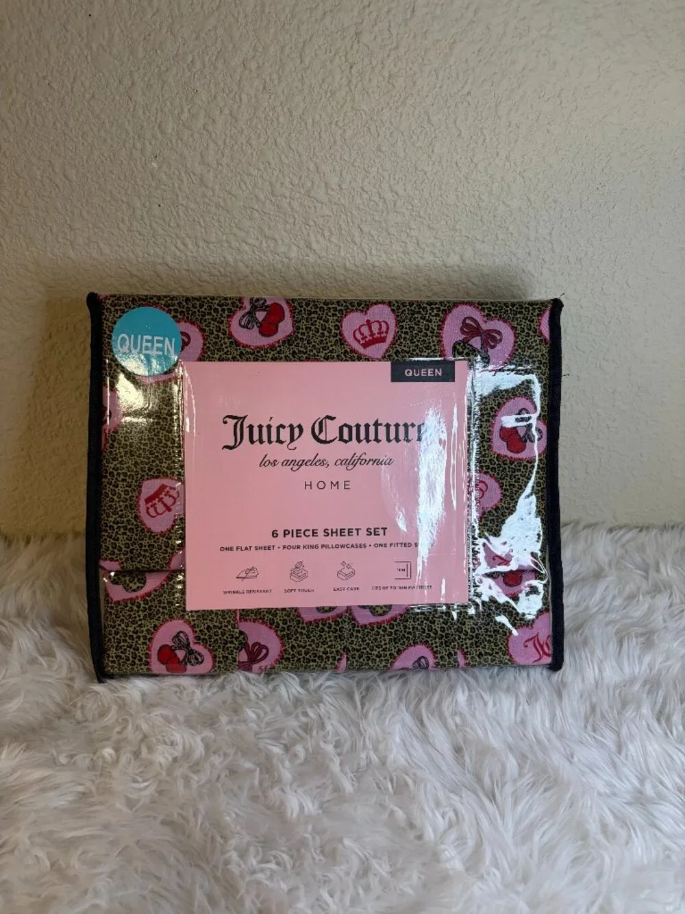 Juicy Couture Queen Hearts Leopard Queen Sheet Set 6 Pc Bedding NWT